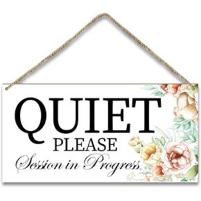 Quiet Please Session in Progress Door Wood Sign Plaque Gift, Office Wooden Wall Hanging Sign with Twine, Do Not Disturb Shelf Wood Floral Art Sign, Meeting Room Home Study Decoration Supplies -008