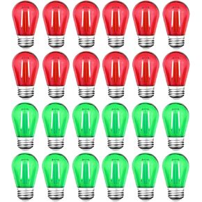 24 حزمة S14 LED لمبة الضوء الأحمر لمبة الضوء الأخضر، مقاومة للكسر 2 وات سلسلة من المصابيح الكهربائية البلاستيكية المقاومة للماء E26 قاعدة خيوط إديسون بديلة لمصابيح عيد الميلاد، 120 فولت