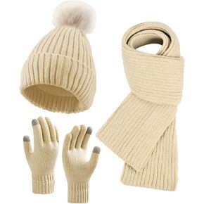 Winter Beanie Hat Scarf Gloves Set for Women, Fleece Knit Pompom Beanie Neck Warmer Long Scarf Touchscreen Gloves 3 in 1 Set