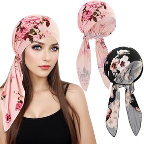 2 PCS Chemo Headwear for Women, Pre Tied Chemo Cancer Headscarf Floral Print Turban Beanie Hat Elastic Cancer Hats Bonnet Head Coverings Head Wraps for Women Hair Loss Chemo Sleep Cap