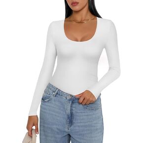 Ekouaer Women Long Sleeve Shirt Scoop Neck Tops Slim Fit Basic Top Thermal Undershirts Base Layer Tee