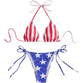 GORGLITTER Women's American Flag Swimsuit High Cut String Thong Triangle Halter Bikini Set