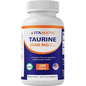 Vitamatic Taurine 2000mg Vegetarian Tablets, 180 Count, Non-GMO, Gluten Free