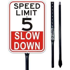1Pack Slow Down Speed Limit 5MPH Sign with 36" Metal Thick Stakes, 10'' x 14'' Rust Free Heavy Duty Reflective Aluminum,Easy to Mount,Outdoor use