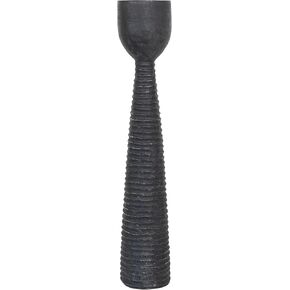 Bloomingville Round Hand-Carved Mango Wood Ribbed, Black (Holds 5 inches Pillar) Candle Holder