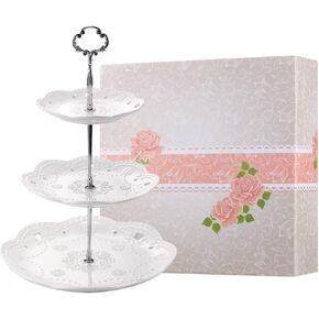 BonNoces 3-Tier Porcelain Cupcake Stand Serving Tray - White Embossed Elegant Dessert Cake Stand - Pastry Serving Stand for Tea Party, Wedding and Birthday