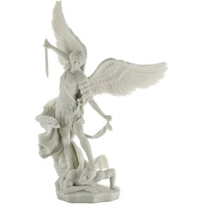Top Collection Archangel St. Michael Statue - Greek Roman Catholic Angel Saint Miguel Sculpture in Premium White Marble Finish- 14.5-Inch Collectible Peace and Justice Figurine Defeating Lucifer