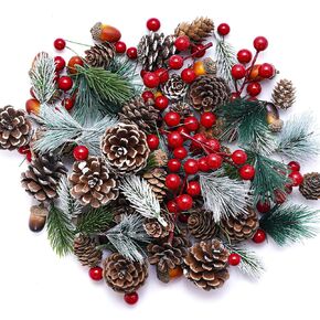120pcs Artificial Pine Cones Pine Branch Set Fake Natural Pinecones Acorns Red Berries Christmas Decor Ornaments for Home Winter Decorations