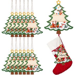 Blosssound 18 Pcs Christmas Stocking Name Tags Xmas DIY Wooden Name Signs Hollow Double Sided Christmas Tree Wood Stocking Tag for Christmas Stockings Home Decor Present Tags Hanging Ornaments