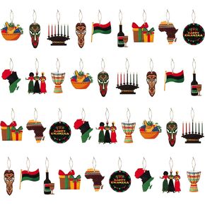 B1ykin 37PCS Happy Kwanzaa Wooden Hanging Ornament Set, African Heritage Holiday Decorations with Kinara Fruit African Mask Flag Map, Kwanzaa Craft Pendant Signs Party Supplies for Ceiling Wall Door