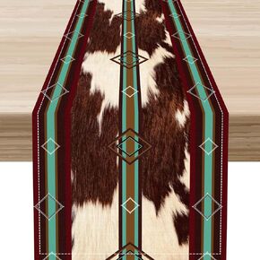 Western Table Runner, Rustic Brown Cow Print Skin Cowhide Aztec Southwest Tribal Farmhouse Cottage Table Center Decor For Home Kitchen Dining Party Patio Indoor Outdoor Table Decorations, 13"x36" Inch