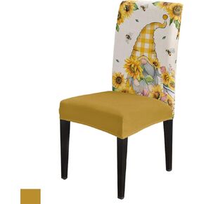 Spring Summer Bee Gnomes Dining Chair Cover Set of 6,Sunflower Bumble Bee Yellow Plaid Stretch Chair Protectors Slipcover,Spandex Kitchen Chair Seat Back Cushion Slip Cover for Dining Room,Party