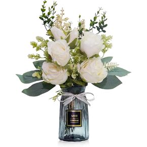 Fake Flowers in Vase, Silk Rose Artificial Flower Dining Table Centerpiece, Faux Floral Arrangement Home Office Decoration, White