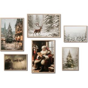 ZGQBSQ Christmas Vintage Painting Print Winter Rustic Wall Art Farmhouse Holiday Decor Mid Century Modern Decor Country Christmas Wall Art Neutral Antique Home Decor Unframed