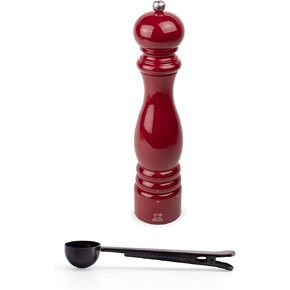 Peugeot Paris u'Select 12-inch Pepper Mill Gift Set, Passion Red - With Stainless Steel Spice Scoop/Bag Clip (Pepper Mill w/Scoop)
