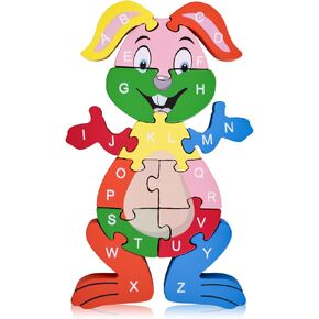 LovesTown Lion Wooden Puzzle, 26PCS Jigsaw Puzzle Alphabet and Number Blocks Animal Wooden Building Blocks for Kid Preschool Education