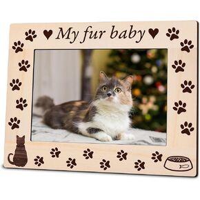 5"X7" Photo Wooden Frame - My Fur Baby - Cat Theme Wood Picture Frame, Rustic Paw Prints Wooden Frame Gifts For Pet Owner, Cat Lover, Home & Office Tabletop Display (Horizontal)- A04