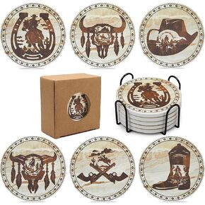 Western Desert Cowboy Coasters for Drinks,Vintage Western Absorbent Coaster for Home Decor,6PCS Stone and Cork Coasters Set with Holder for Coffee Table,Home Living Ideas Gift for Men Women