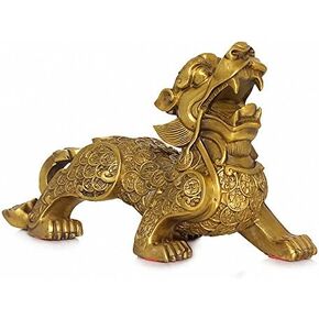 Large Size Feng Shui Golden Brass Pi Yao/Pi Xiu Wealth Porsperity Statue+ Free Prosperity Protection Set of 10 Lucky Charm Coins,Attract Wealth and Good Luck,Feng Shui Decor,(6.9" Lx2.3 Wx5 H)