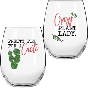 Succulent Plant Cactus Gifts for Women- Set of 2 Funny Wine Glasses 15oz - Plant Lover Gift Mug - What the Fucculent- Pot Head Crazy - Plant Lady Wine Glass Tumbler - Custom Stemless Wine Glasses