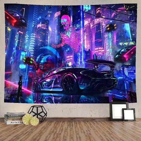 Ine Ive Punk City Tapestry,Fantasy Skull Wall Decor Tapestry, Neon Building Retro Car Wall Hanging Decorations Large Size 80x60 Inches Tapestry for Home Living Room Dorm Bedroom GTWHIE527 in Kuwait
