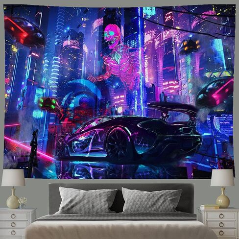 Ine Ive Punk City Tapestry,Fantasy Skull Wall Decor Tapestry, Neon Building Retro Car Wall Hanging Decorations Large Size 80x60 Inches Tapestry for Home Living Room Dorm Bedroom GTWHIE527 in Kuwait