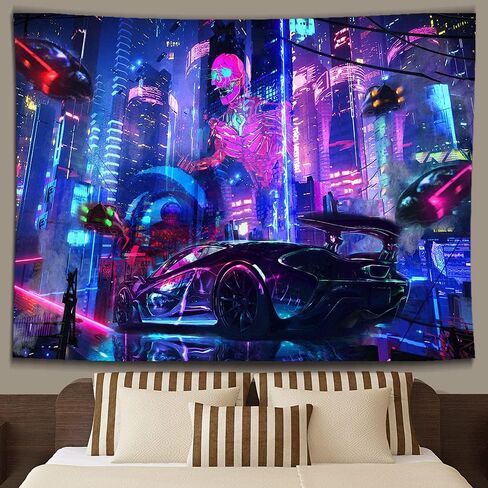 Ine Ive Punk City Tapestry,Fantasy Skull Wall Decor Tapestry, Neon Building Retro Car Wall Hanging Decorations Large Size 80x60 Inches Tapestry for Home Living Room Dorm Bedroom GTWHIE527 in Kuwait