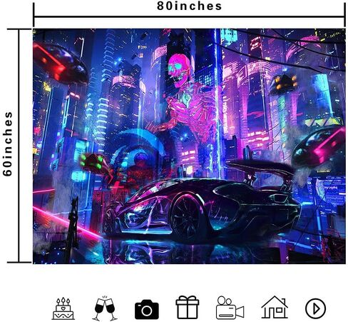 Ine Ive Punk City Tapestry,Fantasy Skull Wall Decor Tapestry, Neon Building Retro Car Wall Hanging Decorations Large Size 80x60 Inches Tapestry for Home Living Room Dorm Bedroom GTWHIE527 in Kuwait