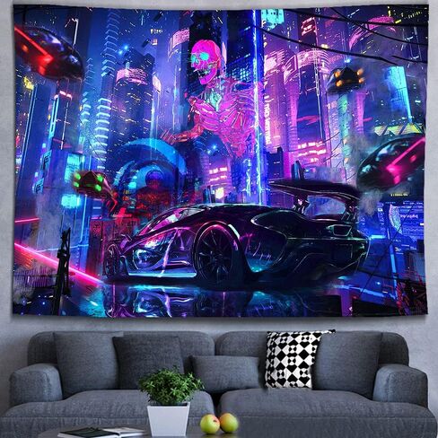 Ine Ive Punk City Tapestry,Fantasy Skull Wall Decor Tapestry, Neon Building Retro Car Wall Hanging Decorations Large Size 80x60 Inches Tapestry for Home Living Room Dorm Bedroom GTWHIE527 in Kuwait