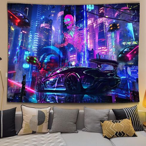 Ine Ive Punk City Tapestry,Fantasy Skull Wall Decor Tapestry, Neon Building Retro Car Wall Hanging Decorations Large Size 80x60 Inches Tapestry for Home Living Room Dorm Bedroom GTWHIE527 in Kuwait