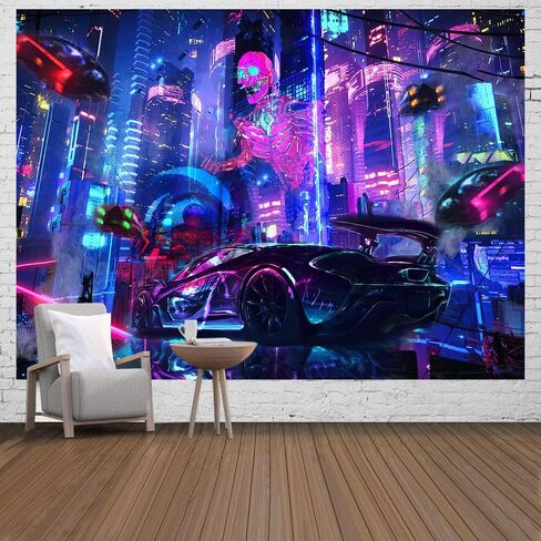 Ine Ive Punk City Tapestry,Fantasy Skull Wall Decor Tapestry, Neon Building Retro Car Wall Hanging Decorations Large Size 80x60 Inches Tapestry for Home Living Room Dorm Bedroom GTWHIE527 in Kuwait