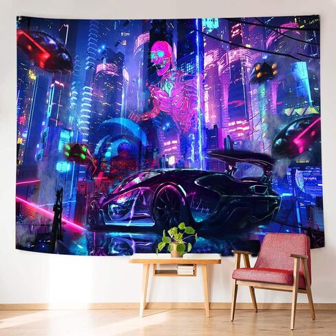 Ine Ive Punk City Tapestry,Fantasy Skull Wall Decor Tapestry, Neon Building Retro Car Wall Hanging Decorations Large Size 80x60 Inches Tapestry for Home Living Room Dorm Bedroom GTWHIE527 in Kuwait