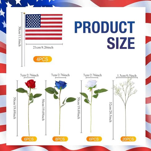 Crowye 44 جهاز كمبيوتر شخصى من زهور يوم المحاربين القدامى أعلام باقة تذكارية وطنية صناعية أحمر أبيض وأزرق زهرة صناعية مع أعلام أمريكية لمقبرة القبر التذكارية يوم المحاربين القدامى ديكور المنزل in Kuwait