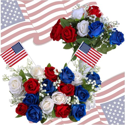 Crowye 44 جهاز كمبيوتر شخصى من زهور يوم المحاربين القدامى أعلام باقة تذكارية وطنية صناعية أحمر أبيض وأزرق زهرة صناعية مع أعلام أمريكية لمقبرة القبر التذكارية يوم المحاربين القدامى ديكور المنزل in Kuwait