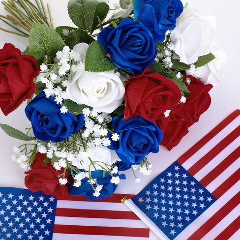 Crowye 44 جهاز كمبيوتر شخصى من زهور يوم المحاربين القدامى أعلام باقة تذكارية وطنية صناعية أحمر أبيض وأزرق زهرة صناعية مع أعلام أمريكية لمقبرة القبر التذكارية يوم المحاربين القدامى ديكور المنزل in Kuwait