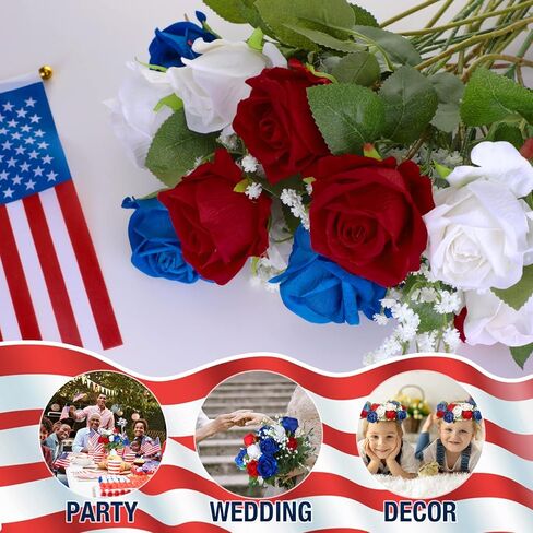 Crowye 44 جهاز كمبيوتر شخصى من زهور يوم المحاربين القدامى أعلام باقة تذكارية وطنية صناعية أحمر أبيض وأزرق زهرة صناعية مع أعلام أمريكية لمقبرة القبر التذكارية يوم المحاربين القدامى ديكور المنزل in Kuwait
