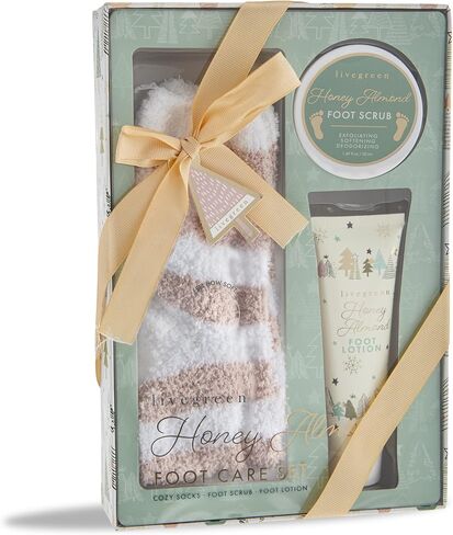 Live Green Bath and Body Present Set- Foot Spa Set with Fuzzy Socks, Lotion, and Scrub, Honey Almond in Saudi Arabia