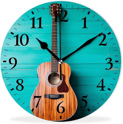 Modern Wall Clocks Non-Ticking Silent Battery Operated Analog Clock Decor Wall Clocks for Bathroom-Music Guitar on Blue Wooden(10inch) in Saudi Arabia