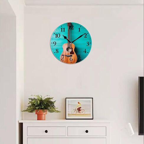 Modern Wall Clocks Non-Ticking Silent Battery Operated Analog Clock Decor Wall Clocks for Bathroom-Music Guitar on Blue Wooden(10inch) in Saudi Arabia