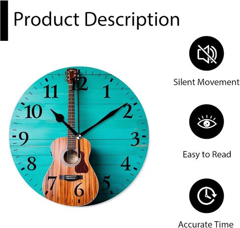 Modern Wall Clocks Non-Ticking Silent Battery Operated Analog Clock Decor Wall Clocks for Bathroom-Music Guitar on Blue Wooden(10inch) in Saudi Arabia