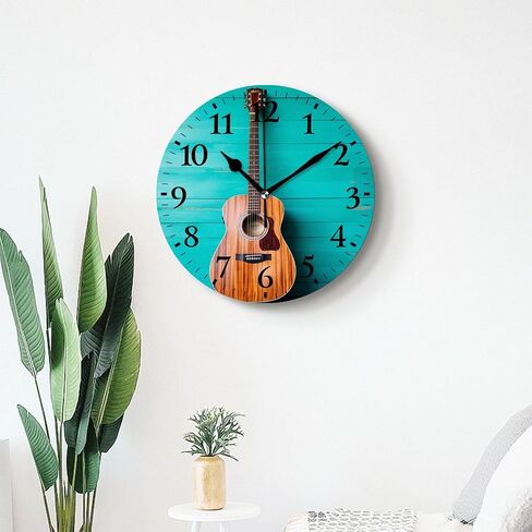 Modern Wall Clocks Non-Ticking Silent Battery Operated Analog Clock Decor Wall Clocks for Bathroom-Music Guitar on Blue Wooden(10inch) in Saudi Arabia