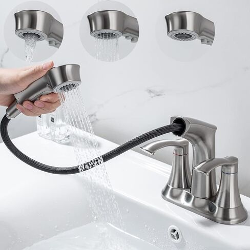 4 Inch Centerset Bathroom Faucet with Pull Out Sprayer Lavatory Vanity Faucet 4 inch Bathroom Sink Faucet 3 Hole Pull Down Utility Faucet, Brushed Nickel in Saudi Arabia