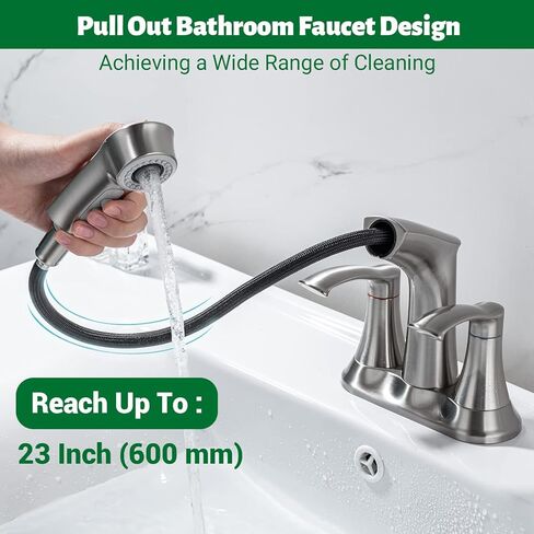 4 Inch Centerset Bathroom Faucet with Pull Out Sprayer Lavatory Vanity Faucet 4 inch Bathroom Sink Faucet 3 Hole Pull Down Utility Faucet, Brushed Nickel in Saudi Arabia
