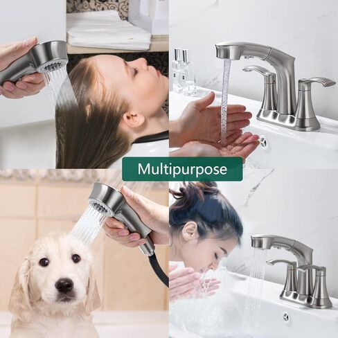 4 Inch Centerset Bathroom Faucet with Pull Out Sprayer Lavatory Vanity Faucet 4 inch Bathroom Sink Faucet 3 Hole Pull Down Utility Faucet, Brushed Nickel in Saudi Arabia