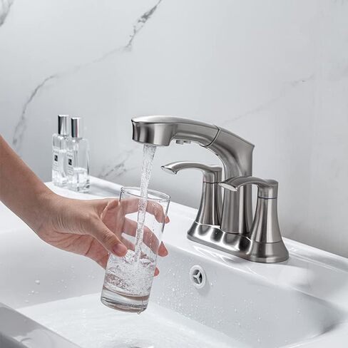 4 Inch Centerset Bathroom Faucet with Pull Out Sprayer Lavatory Vanity Faucet 4 inch Bathroom Sink Faucet 3 Hole Pull Down Utility Faucet, Brushed Nickel in Saudi Arabia