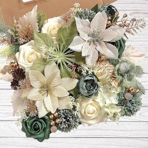 Christmas Artificial Flowers Box Set Tree Flowers with Stems for DIY Christmas Tree Wreaths Swags Fake Floral Arrangements for Centerpiece Table Indoor Outdoor Home Decor (Green) in Saudi Arabia