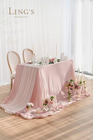 Ling's Moment Sheer Chiffon Like NudeTablecloth & Burnt Orange Table Runner Set for 4/6ft Chiffon Table Runner for Wedding Reception Head/Fall Sweetheart Table Decoration(9x10ft, Terracotta & Nude) in Kuwait
