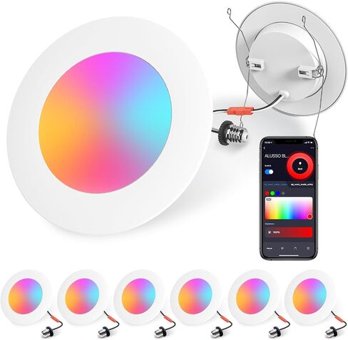 5/6 Inch Smart LED Recessed Lighting, High Brightness 12W 1100LM Retrofit Can Lights Dimmable, RGB Color Changing Wi-Fi Bluetooth Downllight Compatible with Alexa/Google, 6 Pack in Saudi Arabia