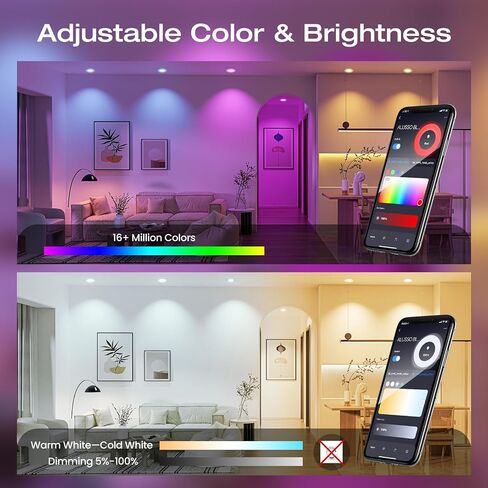 5/6 Inch Smart LED Recessed Lighting, High Brightness 12W 1100LM Retrofit Can Lights Dimmable, RGB Color Changing Wi-Fi Bluetooth Downllight Compatible with Alexa/Google, 6 Pack in Saudi Arabia