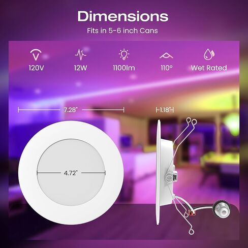 5/6 Inch Smart LED Recessed Lighting, High Brightness 12W 1100LM Retrofit Can Lights Dimmable, RGB Color Changing Wi-Fi Bluetooth Downllight Compatible with Alexa/Google, 6 Pack in Saudi Arabia